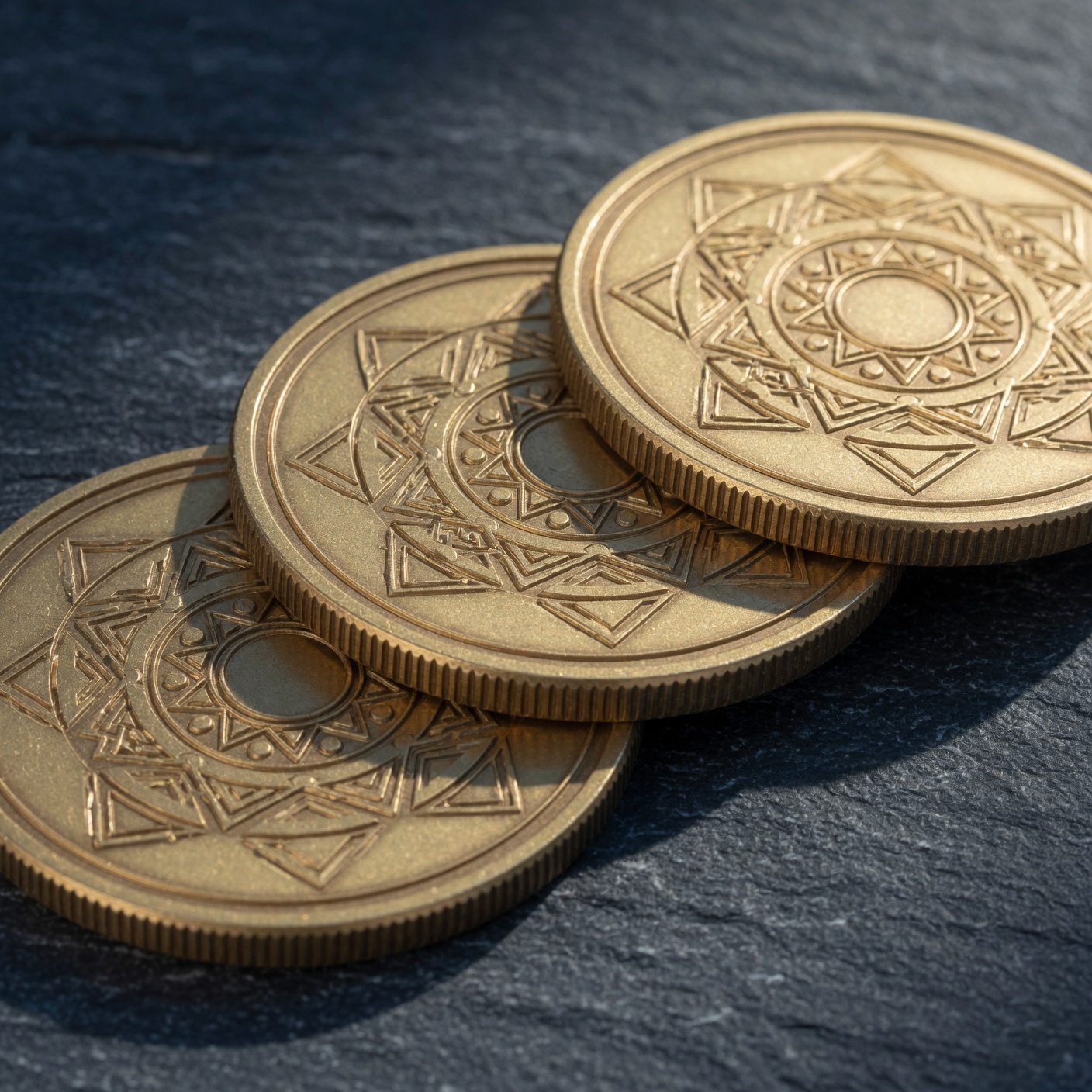 Three gold-toned Bitcoin challenge coins on dark slate surface