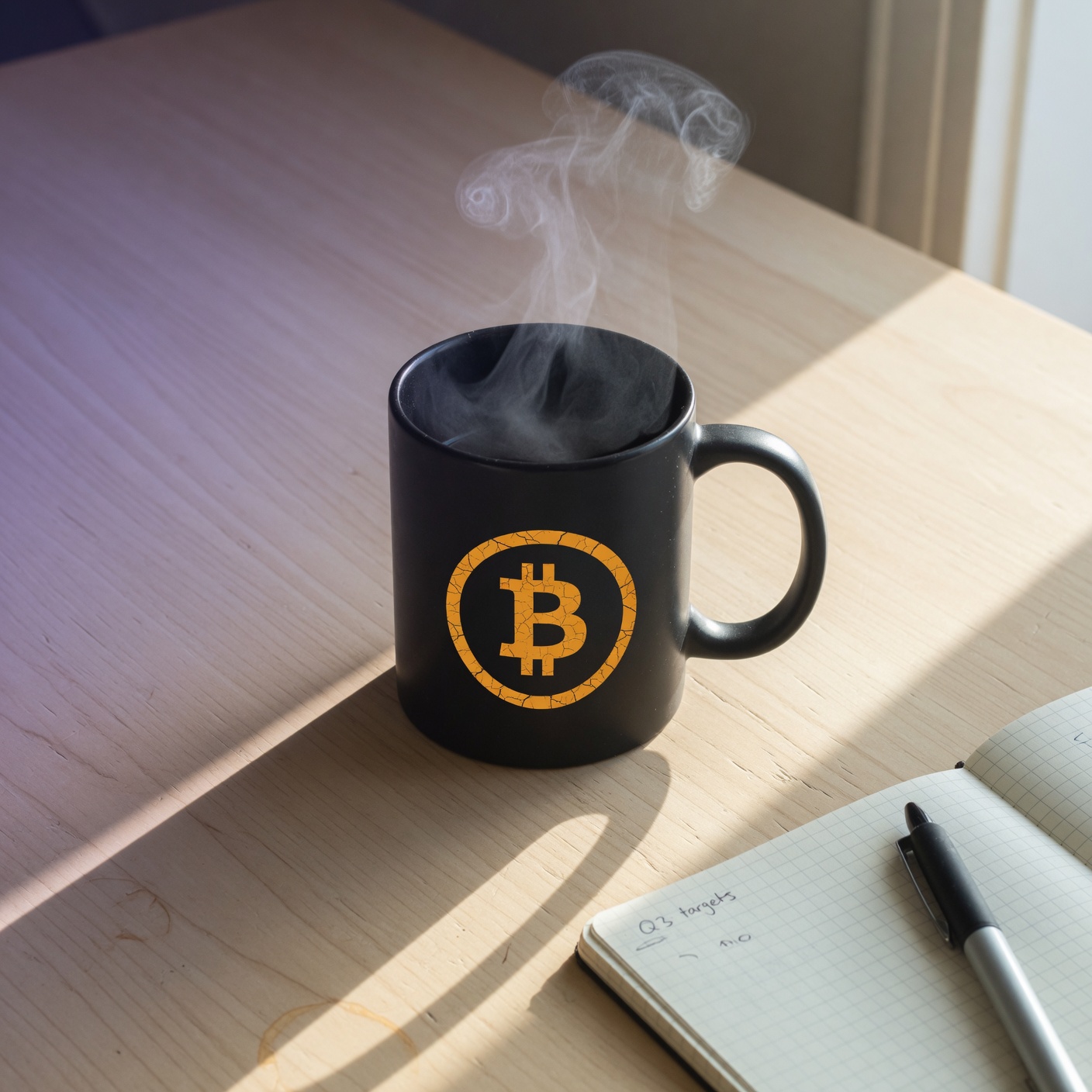Matte black Bitcoin mug on warm wood desk with notebook and pen