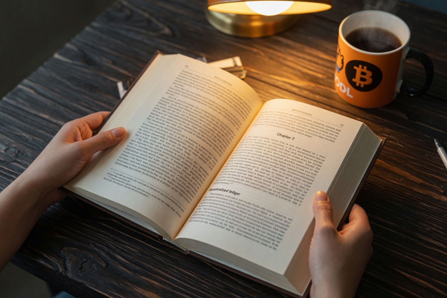 Beginner reading setup with bitcoin books and notebook
