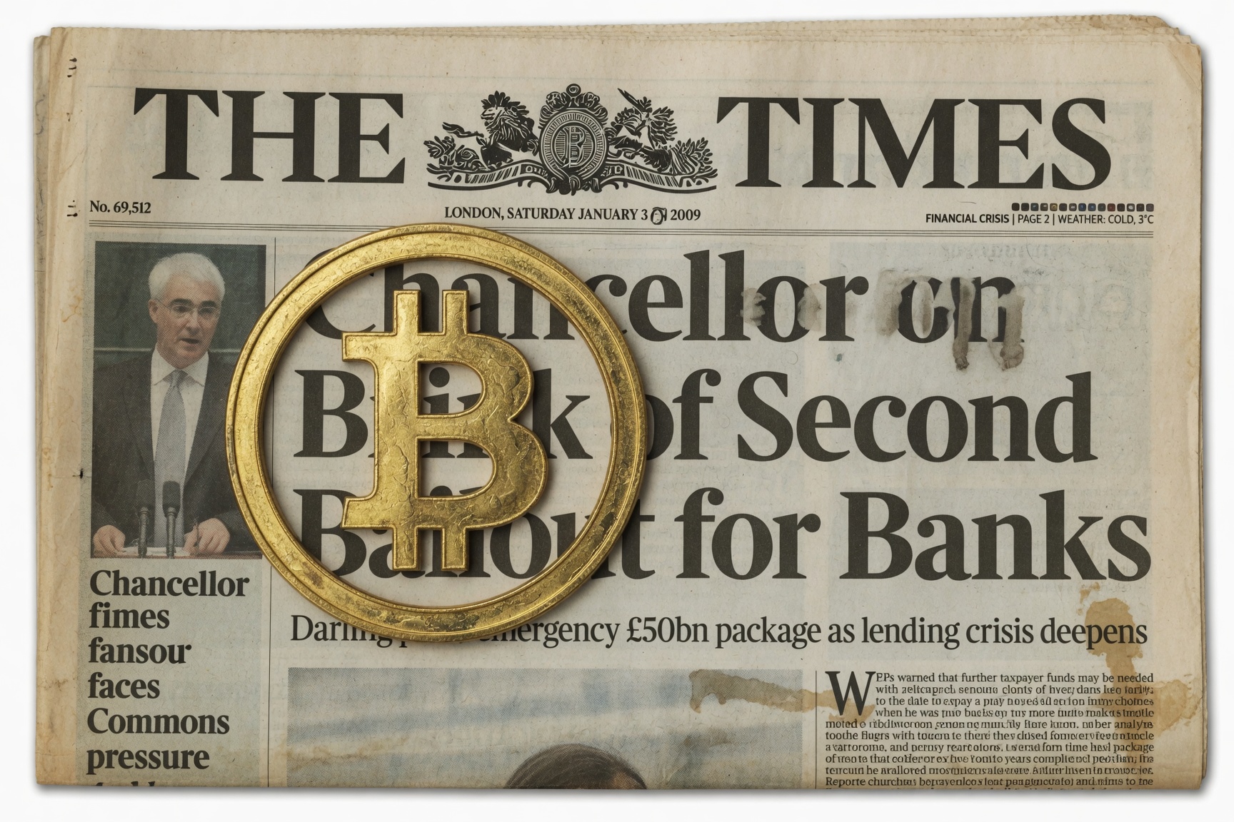 The Times headline from January 3 2009 that Satoshi Nakamoto embedded in the Bitcoin genesis block