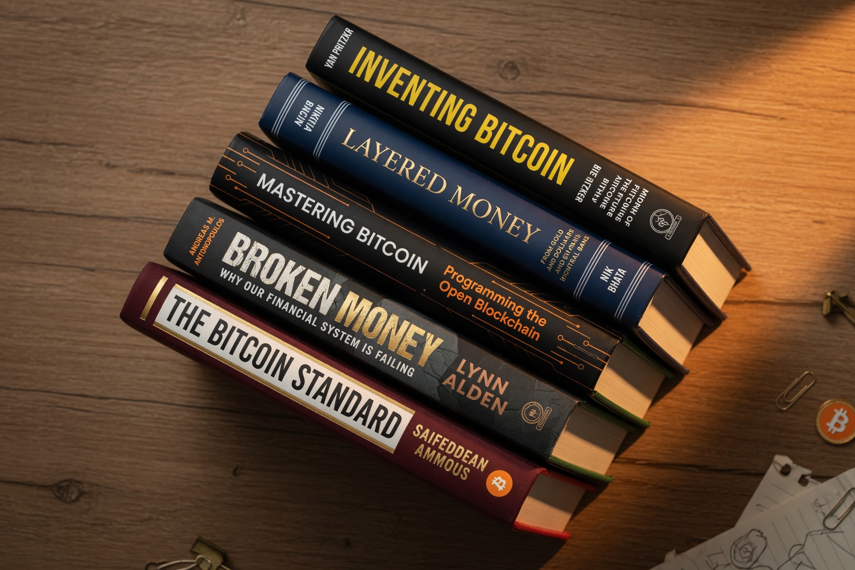 Five essential Bitcoin books stacked and fanned showing their spines