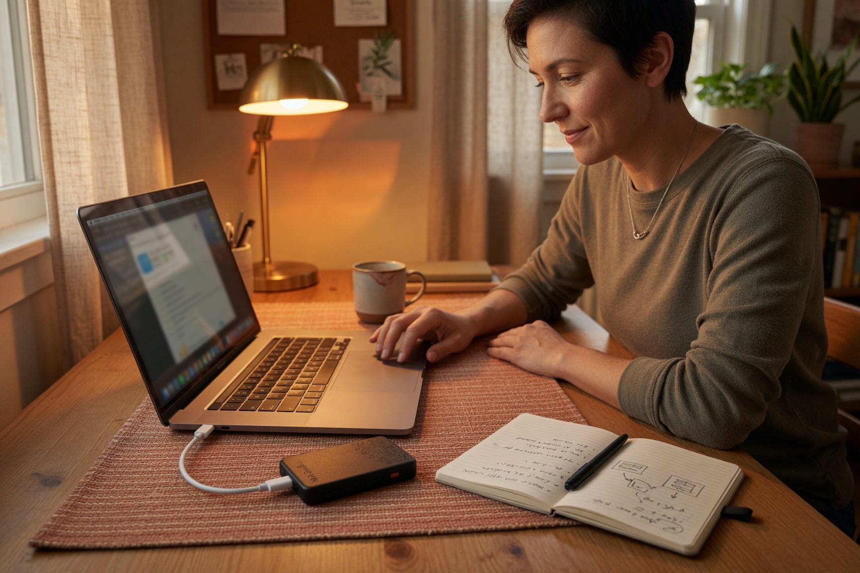 Person at laptop verifying Bitcoin balance with hardware wallet connected