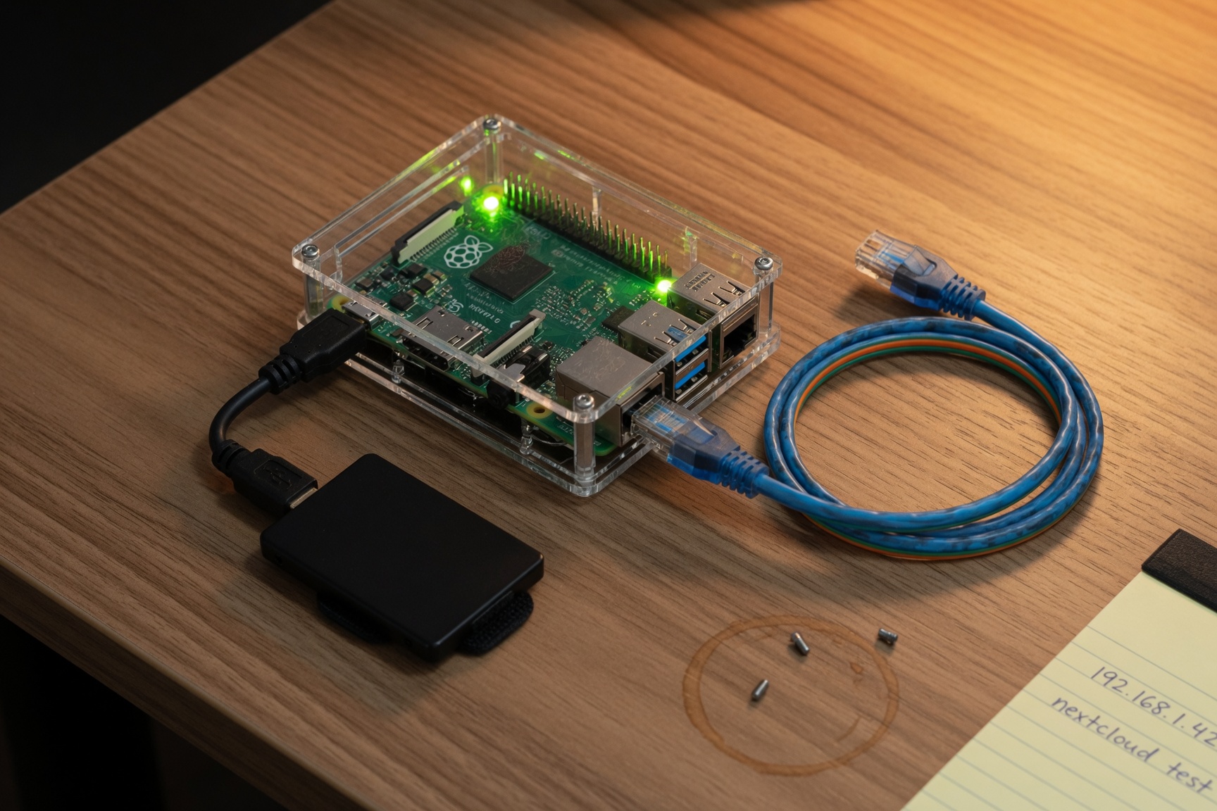 Raspberry Pi 5 in acrylic case with SSD attached, assembled home Bitcoin node