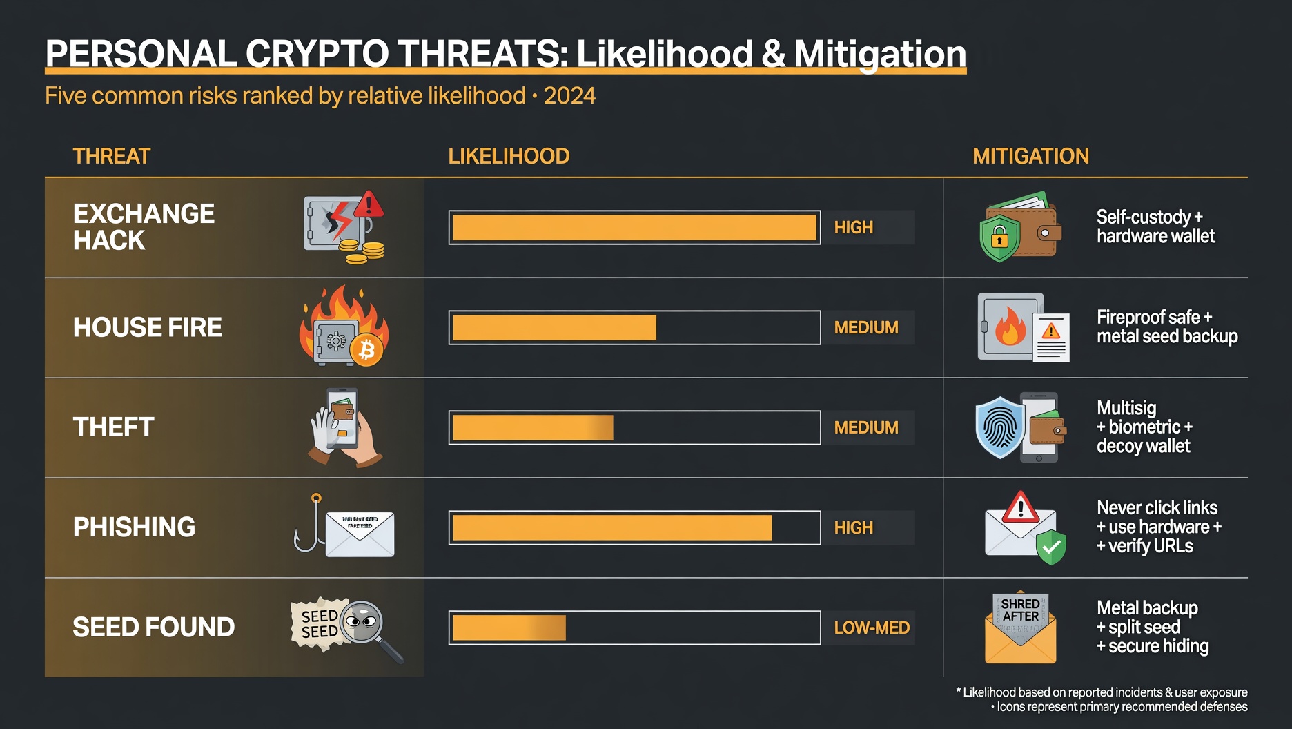 Threat model matrix showing Bitcoin security risks, likelihood, and mitigations